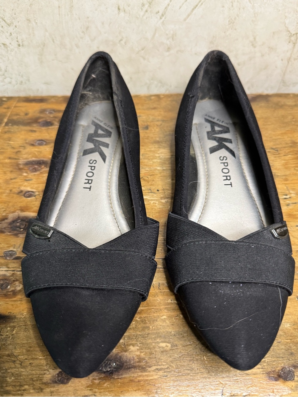 Anne Klein Black Pointed-Toe Flats with Crossover Strap